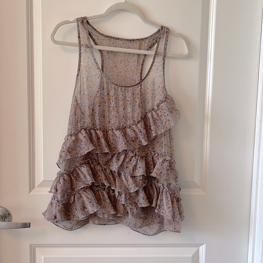 Light, purple, flowered, ruffly sleeveless top size, small/medium